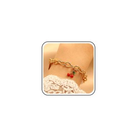 Jugielu Vintage Cute Cherry Bracelet Red Cherry Pendent Bracelet Gold Chunky Link Chain Bracelets Leaf Pearl Dangle Hand Chain Sweet Fruit Bracelets Anklet Wrist Jewelry for Women