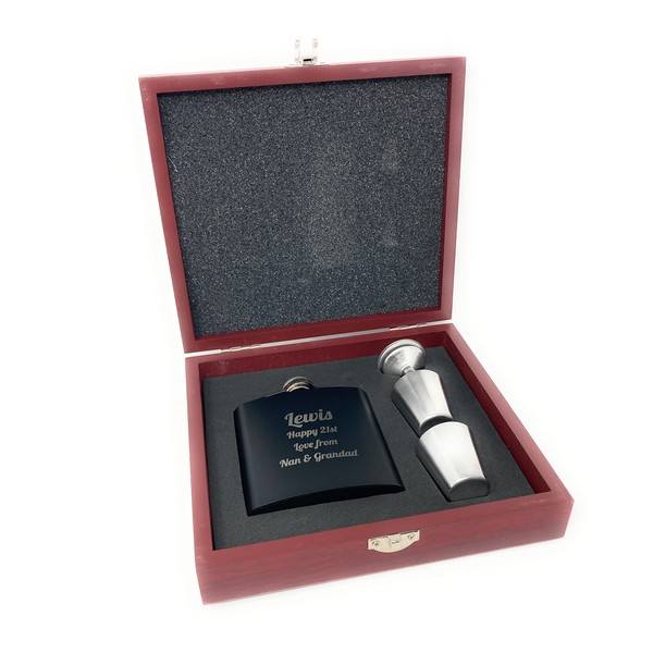 Personalised Black 6oz Hip Flask Funnel & 2 Shot Cups