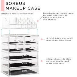Sorbus Acrylic Makeup Organizer Set, 7-Drawer Vanity & Countertop Cosmetic Storage with Small & Wide Compartments, Clear Makeup Storage for Brushes, Lipsticks, Jewelry – Holiday Gift for Women & Teens