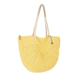 The Sak Faye Tote Bag in Crochet, Double Leather Shoulder Straps, Chartreuse Sunbeam