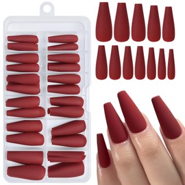 AddFavor 120pcs Burgundye Press on Nails Long Coffin Fake Nails with Glue & Adhesive Tabs, Full Cover Matte Acrylic Nails Press ons for Women Girls