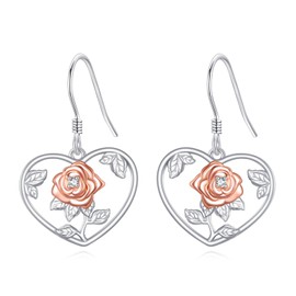 KZX Rose Flower Earrings 925 Sterling Silver Rose Heart Earrings Rose Dangle Earrings Jewellery for Women, Sterling Silver, Cubic Zirconia