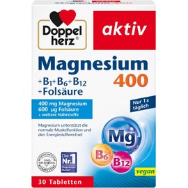 Doppelherz Magnesium 400 + B1 + B6 + B12 + Folic Acid, Magnesium Supports Normal Muscle Function and Energy Metabolism, 30 Vegan Tablets