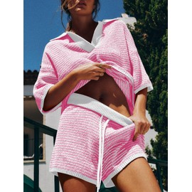 Tankaneo Womens Sweater Set 2 Piece Outfits Oversized 3/4 Sleeve V Neck Knit Tops High Waisted Shorts Lounge Sets