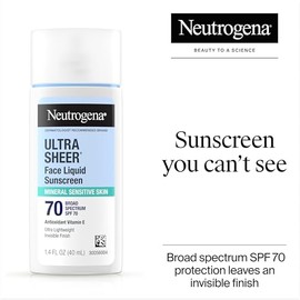 Neutrogena Protector solar líquido facial mineral ultra transparente SPF 70, amplio espectro UVA UVB para pieles sensibles, no graso, libre de oxibenz