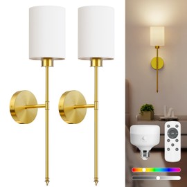 NIORSUN 24 inch Battery Operated Wall Sconce Set of 2, Gold Wireless Rechargeable Wall Lights with 5200mAh Dimmable Detachable Bulbs and Remote, 9 Colors Sconces Wall Decor for Bedroom Living Room