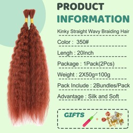 XIIMENALU Kinky Straight Wavy Braiding Hair for Boho Braids, Wet and Wavy Bulk Hair for Braiding, No Weft, Yaki Straight Bulk Hair for Micro Braiding, Rebundle Braids (350#, 20 Inches (1 Pack (2