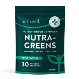 Nutravita Super Greens Powder - 23 Advanced Vegan Ingredients - Greens, Vitamins and Superfoods - Probiotic Blend for Gut Health - UK Made - 30 Servings (Apple Flavour)