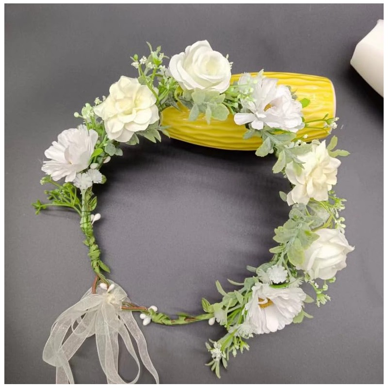 Floral Crown Headband Adjustable Ribbon Boho Rose Crown Floral Headpiece