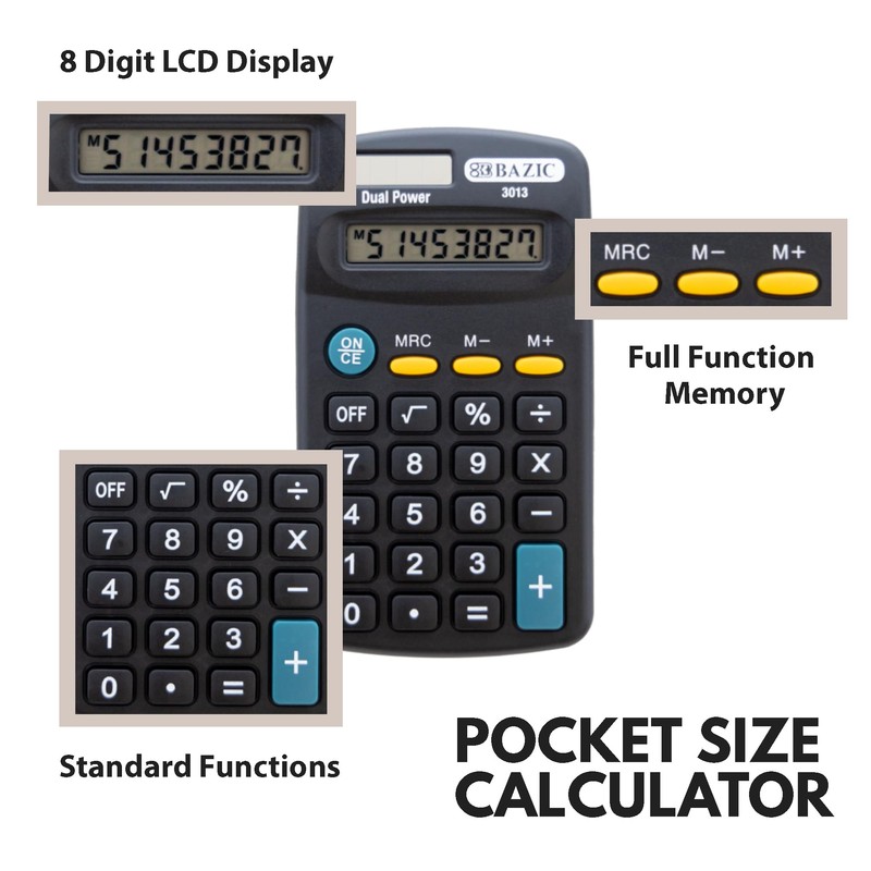 BAZIC Products 8 Digit Pocket Size Calculator, Dual Power Solar