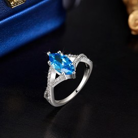 LEXLUNE 1.5CT Solitaire Blue Marquise Cut Engagement Ring For Women, Sterling S925 Silver Solitaire Ring Wedding Ring Promise Ring Cubic Zirconia CZ Size 6, March Birthstone Aquamarine