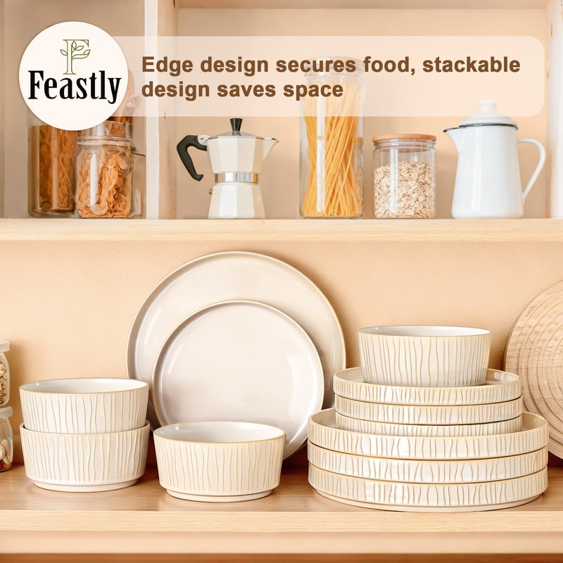 Feastly Stoneware Dinnerware Sets for 4, 12 Pcs Ribbed Reactive