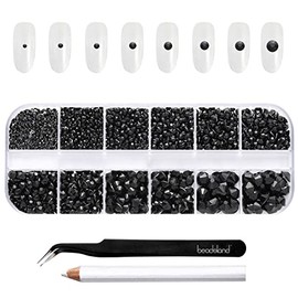 Beadsland Diamantes de imitación para maquillaje, 8 tamaños, 2500 unidades, diamantes de imitación negros con parte trasera plana, gemas faciales para