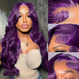 haha 30 Inch Dark Purple 13x6 Lace Front Wig Human Hair Deep Purple Body Wave Hd Lace Frontal Wig Glueless Plum Purple Human Hair Lace Front Wigs Pre Plucked For Women 180% Density