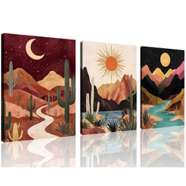 TutuBeer 3 Panels Boho Mountain Wall Art Boho Mountain Art Mid Century Nature Landscapes Painting Colorful Sun Moon Desert Minimalist Bohemia Landscape Picture for Living Room Bedroom Office 12x16Inch