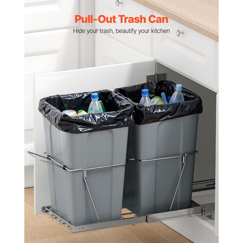 VEVOR Pullout Trash Can for Kitchen Cabinets, 27QTx2 Double Under