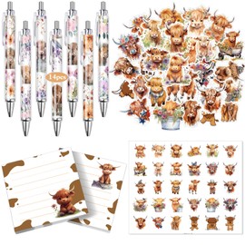 Motipuns 18 Pcs Floral Cute Highland Cow Print Office Pens with 6 Cow Stickers 1 Cow Sticky Notes Aesthetic Highland Cow Stuff Car Stationery Valentine Gifts for Teachers