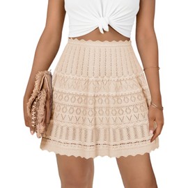 Cicy Bell Women's Summer Crochet Mini Skirt Casual Hollow Out Elastic Waist Boho Beach Cover Up Skirts Apricot