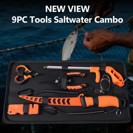 NEW VIEW 9pc & 10pc Professional Fishing Gear Tool Kit - Saltwater & Ice Fishing Tools Set - Corrosion Resistant Fishing Pliers Knife Scissors Gripper Kit with Fishing Gear Carrying Case
