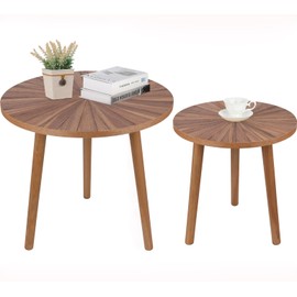 Round Coffee Table Set of 2, Mid Century Modern Coffee Table, Small Farmhouse Coffee Table, Wood Nightstand Bedside Table, Boho Side Table End Tables for Living Room Bedroom Office Balcony