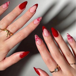 Valentine Press on Nails Almond Medium Fake Nails Glossy Red Lips Glue on Nails Romantic Designs Valentines Acrylic False Nail Tips Red French Tip Almond Artificial Stick on Nails for Women