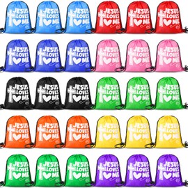 Sunnymove 30 Pcs Jesus Loves Me Drawstring Backpack Bulk Religious Christian Gift Bags Bible Verse Cross Goodie Candy Treat String Bags for Church Party Favors Decoration Supplies