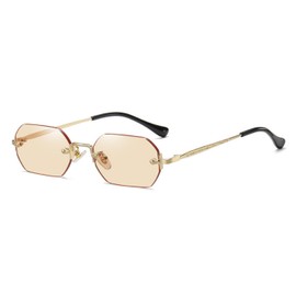 qinqilanqi-S Frameless Sunglasses for Men and Women, Retro Metal Sunglasses, Small Edge Polygonal Hexagonal Sunglasses, Gold/Light Tee
