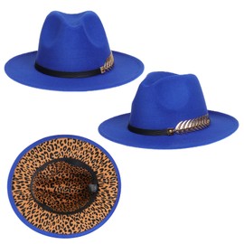 JK Home Womens Mens Classic 1920s Gatsby Fedora Hats, Patchwork Two Tone Wide Brim Panama Roaring Jazz Cap Blue/Leopard