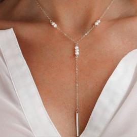 Sttiafay Dainty Bar Pendant Necklace Long Y-Necklace Pearl Lariat Chain Jewelry for Women and Girls