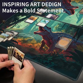 EDGFRTOIO Playmat 24" x 14" Game Mats Tabletop Magic for MTG/TCG Cards, Trading Card Game Playing Stitched Play Mats Commander Deck Gaming Desk Mat Card Gameplay Mats, Jungle Dinosaur T-Rex
