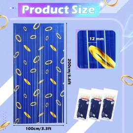 Tingjoo 3 Pack Blue Gold Birthday Party Decorations, Blue with Gold Ring Print Cartoon Hedgehog Theme Tinsel Foil Fringe Curtains, 3.3 x 6.6ft, Birthday Party Backdrop Room Doorway Decor
