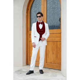 pbyoulna Men's Paisley Jacquard Tuxedo, One Button Shawl Lapel 3 Piece Suit, White Party Wedding Jacket Vest Pants & Bow tie Set, Wine Red L