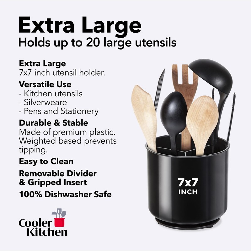 Cooler Kitchen Jumbo Extra Large Sturdy Rotating Black Utensil Holder