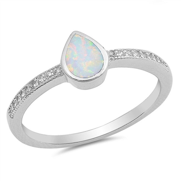 Clear CZ White Simulated Opal Teardrop Cute Ring .925 Sterling