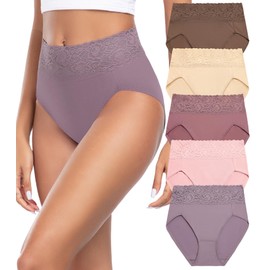 Wealurre Womens Underwear Cotton Bikini Panties for Women High Waisted Lace Hipster Stretch Briefs for Ladies 5 Pack(6005L,Pink Purple)