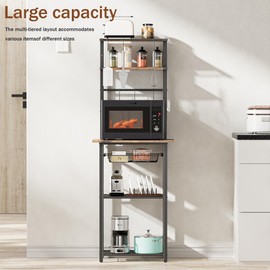 LAKEMID 6-Tier Standing Baker's Racks with Storage, Microwave Stand with Storage, Coffee Bar Table with 6 S Hooks, Kitchen Storage Shelf with Wire Basket, for Kitchen, Office, Rustic Brown