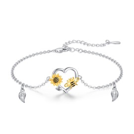 Sunflower Bracelet 925 Sterling Silver Heart Shape Bracelet Bee And Sunflower Small Bracelet Anklet Sunflower Jewellery Gift For Mother Daughter 7+2 inch