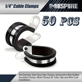 MISPIRE 50 Pack 1/4 inch Cable Clamps, 304 Stainless Steel Hose Pipe Clamps, Automotive Wire Rubber Insulated Clamps, Metal Clamps for Tube, Pipe and Wire Cord Installation