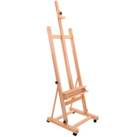 U.S. Art Supply Medium Wooden H-Frame Studio Easel with Artist Storage Tray and Wheels - Mast Adjustable to 96" High, Holds Canvas to 48" - Sturdy Beechwood Holder Floor Stand - Display Paintings