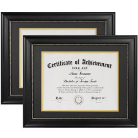 DOAI ART 8.5 x 11 Diploma Frame Set of 2 Classic Black with Blue and Gold Double Mat or Displays Document&Certificate 11x14-inch Without Mat,Wide Molding, Gold Beads Hanging Hardware Included, Tabletop