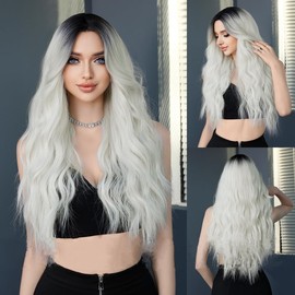 Tangyaoyusun 28Inch Ombre White Hair Replacement Wigs Long Curly Wavy Synthetic Black Wig For Black Women Daily Party Use (Ombre White)