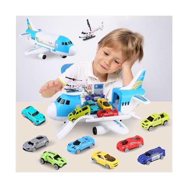 kramow Toys for 3+ Year Old Boys, Car and Airplane Toys Set, Transport Aeroplane with 8 Sports Cars and 1 Helicopter, Cargo Plane Toy Gifts for Kids Boys Girls Age 3-6