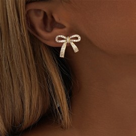 Bow Earrings for Women Cute Christmas Bow Stud Earrings Bow Stuff Gold Bow Rhinestone Earrings for Women Trendy Bow Jewelry Christmas Accessories Gifts (Gold)