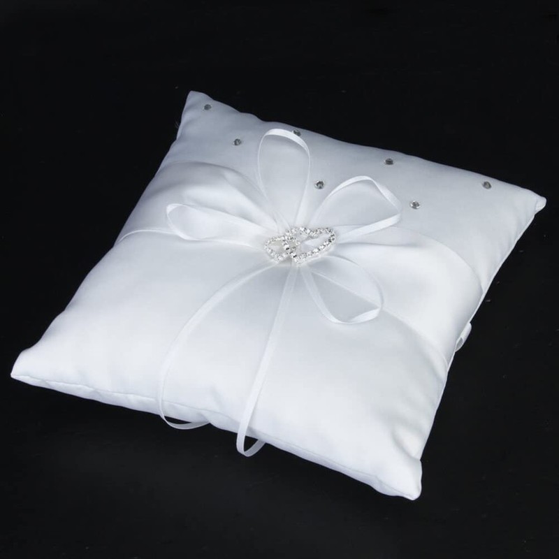 MAGICLULU Double Heart Ring Pillow 18x18cm Satin Ribbon Bridal Wedding