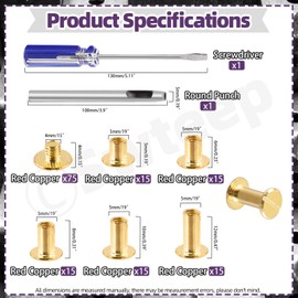 Swpeet 152Pcs M5x5mm, 6mm, 8mm, 10mm, 12mm Gold Screws Leather Rivets Assorted with Hole Punch and Screwdriver, Round Flat Head Stud Screw for DIY Leather Craft and Bookbinding