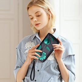 FORRICA Women Wallet Leather Large Capacity Checkbook Card Holder Drawing PU Leather RFID Blocking Wallet Women Long Purse, Green, purse