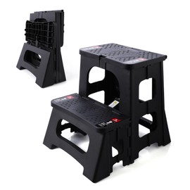 STOODER 2nd Gen 8" 17" Folding 2-Step Stool - Upgraded A-Frame Stability, Safety Lock, Anti-Slip Feet, 300lb Capacity, Collapsible Step Stools for Home Kitchen Bathroom RV Office (Black)