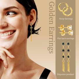 Xizhounianfeng 3-Piece Earring Sets for Women - Chain earring+Gold Hoop & Ear stud, Cute hypoallergenic earrings a boon for those with allergies,Great gift for women(flower black)