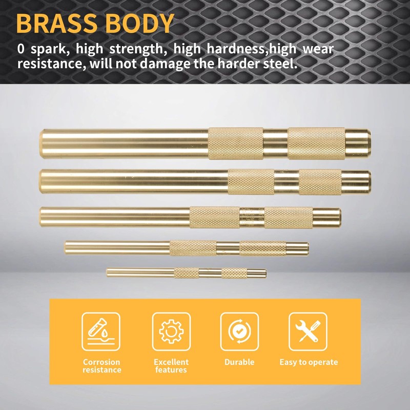 5-Piece Brass Punch Set, Removing Repair Tool, 1/4", 3/8", 1/2",