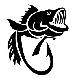 WickedGoodz Bass Fish Hook Vinyl Decal Transfer - Fishing Sticker - Gold, White, or Black 5" and 8" (Black, 5")